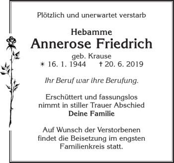 Traueranzeige von Annerose Friedrich von Zeitung für die Landeshauptstadt