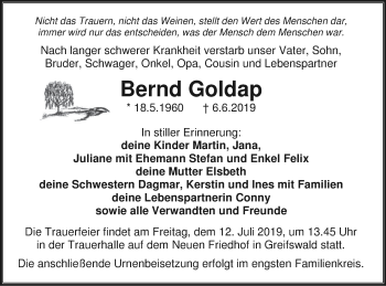 Traueranzeige von Bernd Goldap von Vorpommern Kurier