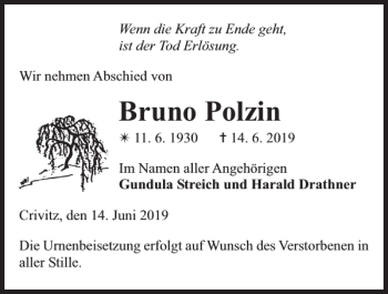 Traueranzeige von Bruno Polzin von Zeitung für die Landeshauptstadt