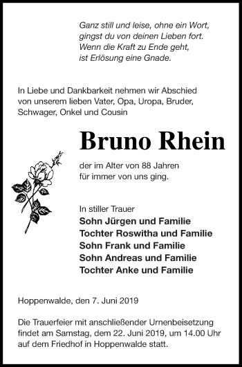 Traueranzeige von Bruno Rhein von Haff-Zeitung