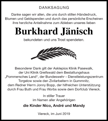 Traueranzeige von Burkhard Jänisch von Pasewalker Zeitung