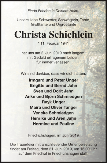 Traueranzeige von Christa Schichlein von Haff-Zeitung