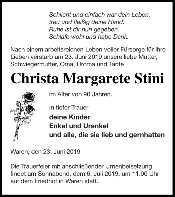 Traueranzeige von Christa Margarete Stini von Müritz-Zeitung