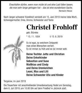 Traueranzeige von Christel Frohloff von Haff-Zeitung
