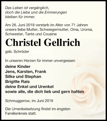 Traueranzeige von Christel Gellrich von Vorpommern Kurier