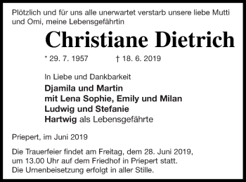 Traueranzeige von Christiane Dietrich von Strelitzer Zeitung