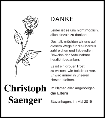 Traueranzeige von Christoph Saenger von Mecklenburger Schweiz