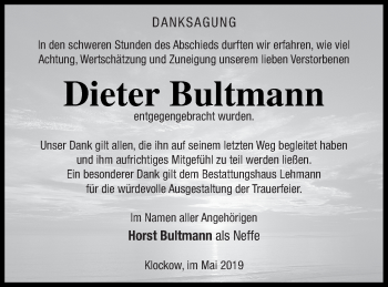 Traueranzeige von Dieter Bultmann von Prenzlauer Zeitung