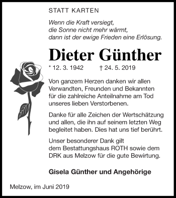 Traueranzeige von Dieter Günther von Prenzlauer Zeitung