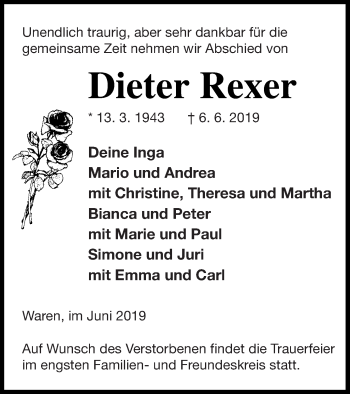Traueranzeige von Dieter Rexer von Mecklenburger Schweiz