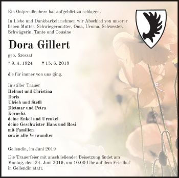 Traueranzeige von Dora Gillert von Vorpommern Kurier