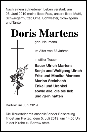 Traueranzeige von Doris Martens von Vorpommern Kurier