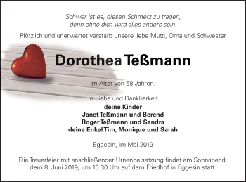 Traueranzeige von Dorothea Teßmann von Haff-Zeitung