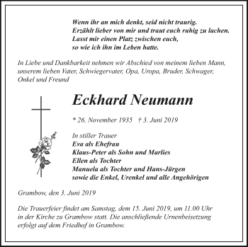 Traueranzeige von Eckhard Neumann von Pasewalker Zeitung