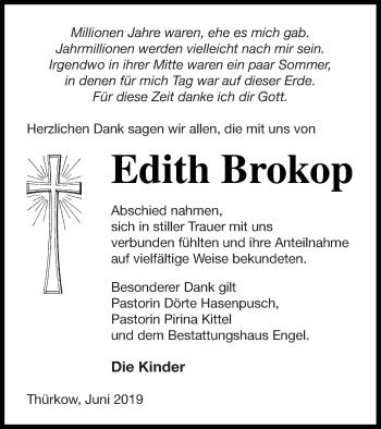 Traueranzeige von Edith Brokop von Mecklenburger Schweiz