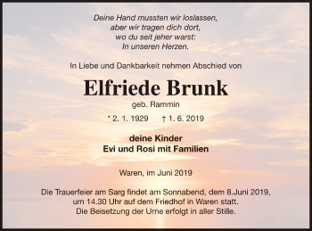 Traueranzeige von Elfriede Brunk von Müritz-Zeitung