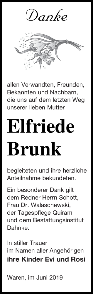 Traueranzeige von Elfriede Brunk von Müritz-Zeitung