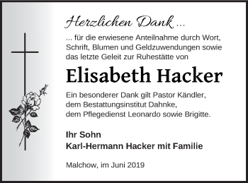 Traueranzeige von Elisabeth Hacker von Müritz-Zeitung