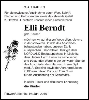 Traueranzeige von Elli Berndt von Pasewalker Zeitung