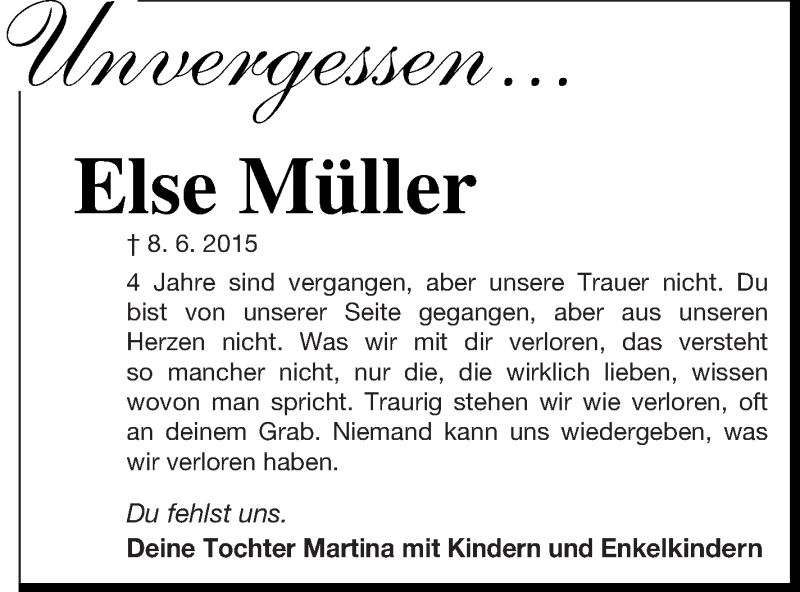  Traueranzeige für Else Müller vom 08.06.2019 aus Vorpommern Kurier
