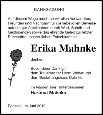 Traueranzeige von Erika Mahnke von Haff-Zeitung