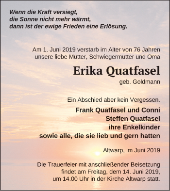 Traueranzeige von Erika Quatfasel von Haff-Zeitung