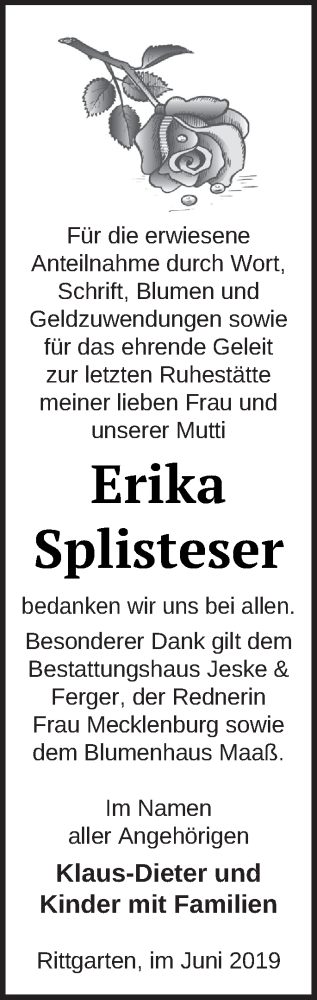 Traueranzeige von Erika Splisteser von Prenzlauer Zeitung