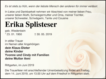 Traueranzeige von Erika Splisteser von Prenzlauer Zeitung