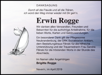 Traueranzeige von Erwin Rogge von Neubrandenburger Zeitung