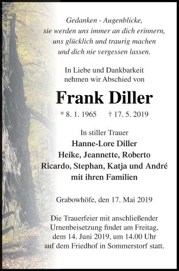 Traueranzeige von Frank Diller von Müritz-Zeitung