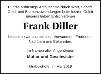 Traueranzeige von Frank Diller von Müritz-Zeitung