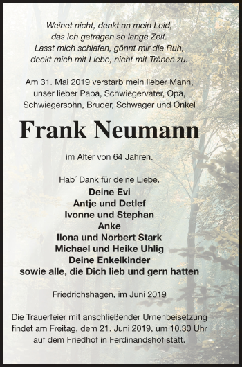 Traueranzeige von Frank Neumann von Haff-Zeitung