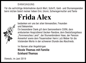 Traueranzeige von Frida Alex von Pasewalker Zeitung