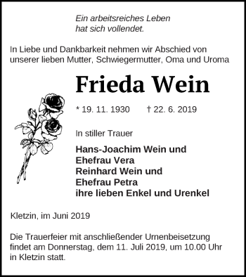 Traueranzeige von Frieda Wein von Demminer Zeitung