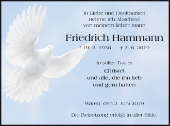 Traueranzeige von Friedrich Hammann von Müritz-Zeitung