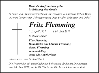 Traueranzeige von Fritz Flemming von Pasewalker Zeitung