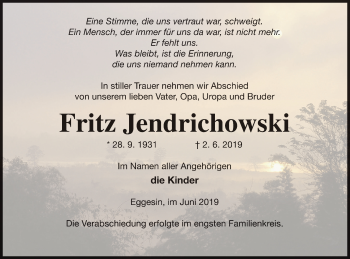 Traueranzeige von Fritz Jendrichowski von Haff-Zeitung
