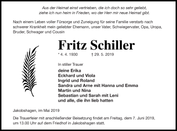 Traueranzeige von Fritz Schiller von Templiner Zeitung