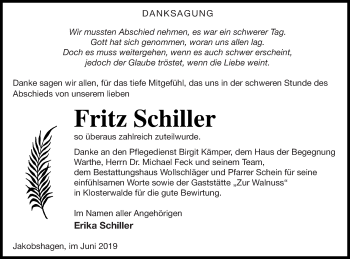 Traueranzeige von Fritz Schiller von Templiner Zeitung