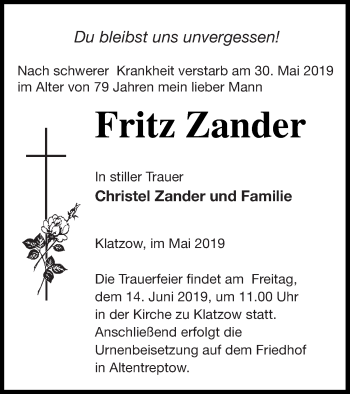 Traueranzeige von Fritz Zander von Neubrandenburger Zeitung