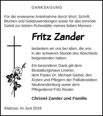 Traueranzeige von Fritz Zander von Neubrandenburger Zeitung