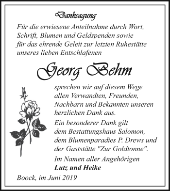 Traueranzeige von Georg Behm von Pasewalker Zeitung