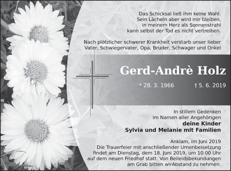 Traueranzeige für Gerd-Andrè Holz vom 08.06.2019 aus Vorpommern Kurier