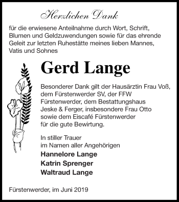 Traueranzeige von Gerd Lange von Prenzlauer Zeitung