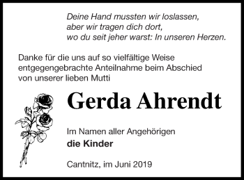 Traueranzeige von Gerda Ahrendt von Strelitzer Zeitung