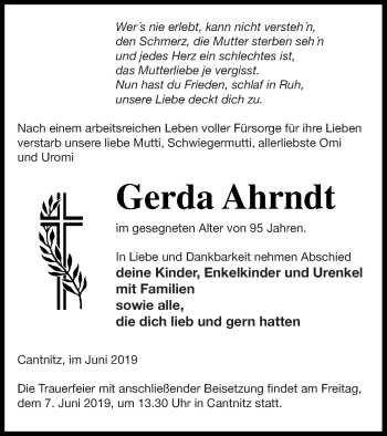 Traueranzeige von Gerda Ahrndt von Strelitzer Zeitung