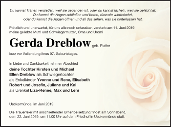 Traueranzeige von Gerda Dreblow von Haff-Zeitung