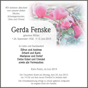 Traueranzeige von Gerda Fenske von Vorpommern Kurier