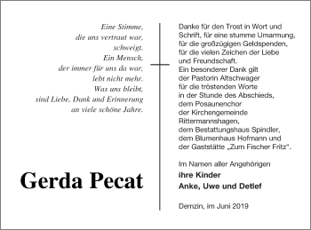 Traueranzeige von Gerda Pecat von Mecklenburger Schweiz