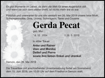 Traueranzeige von Gerda Pecat von Mecklenburger Schweiz